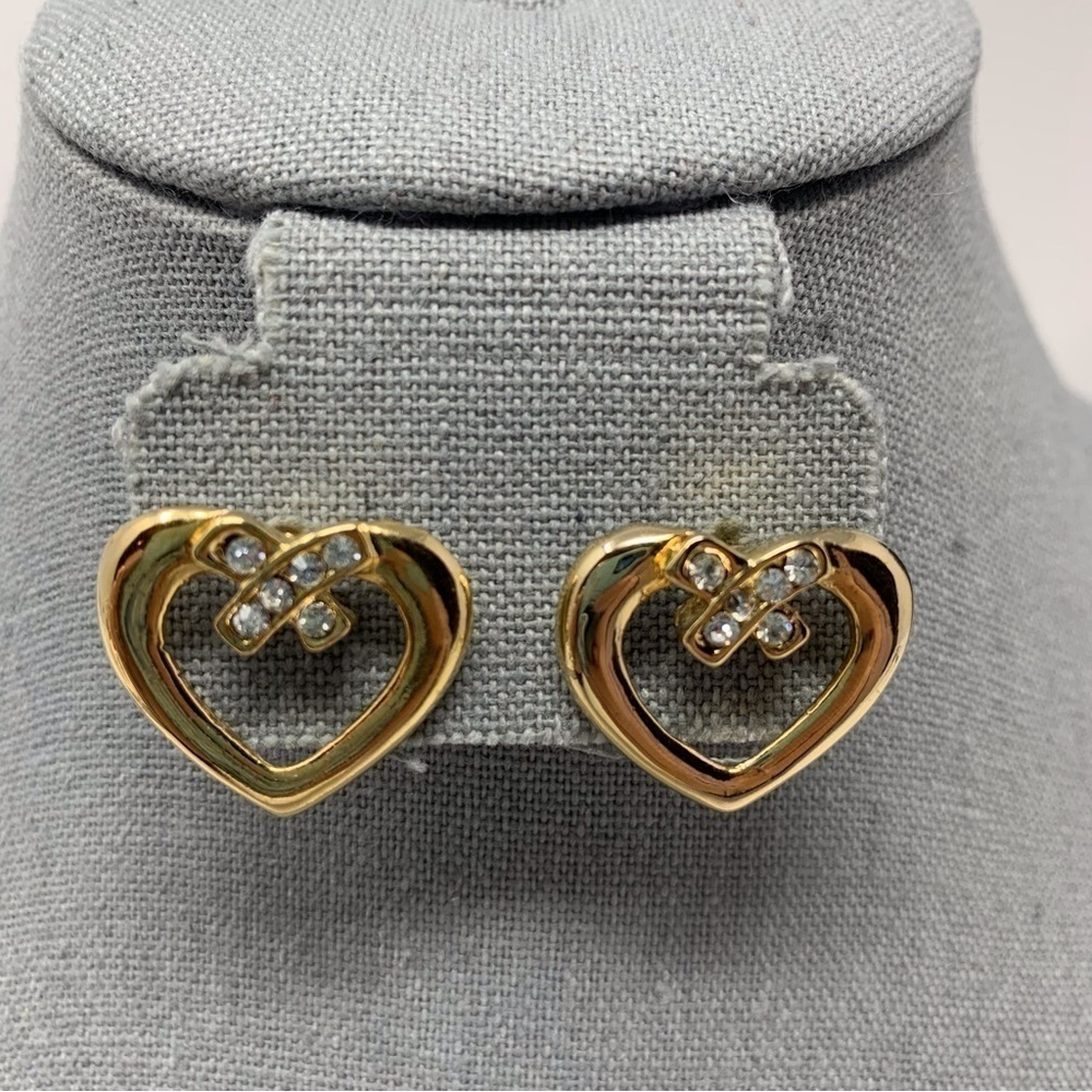 Gold Tone Heart Ribbon Design With Sparkle Rhinestones Large Stud Earrings